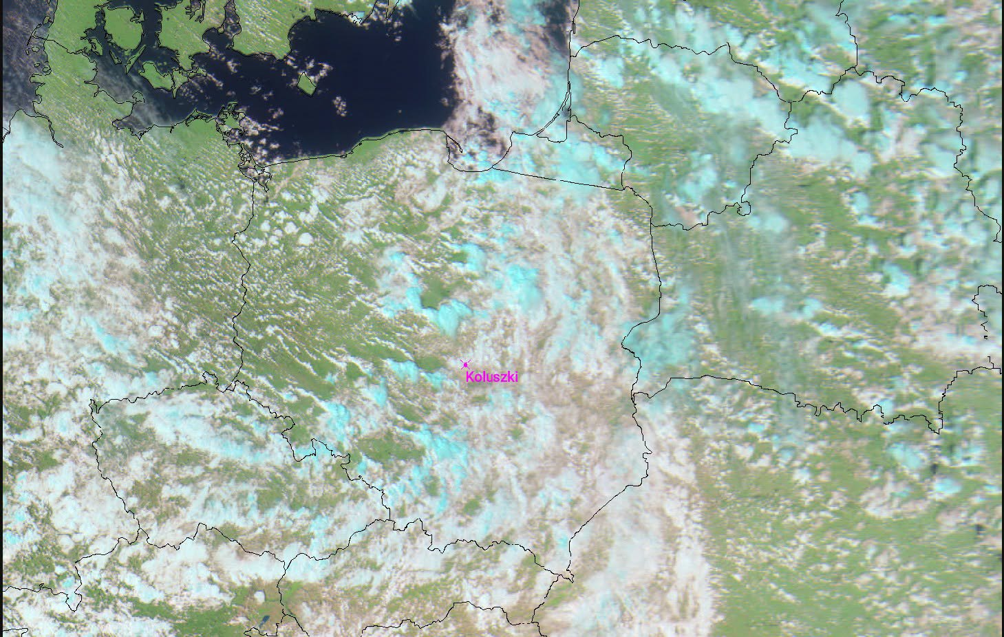 Zdekodowana podczas pikniku mapa satelitarna z zaznaczonymi Koluszkami